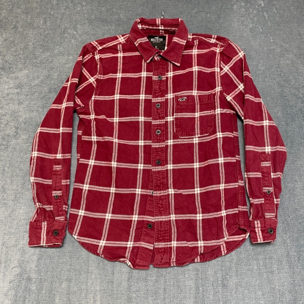 Hollister Flannel Shirt Mens XS Burgundy Plaid Chest Pocket Button Up Business